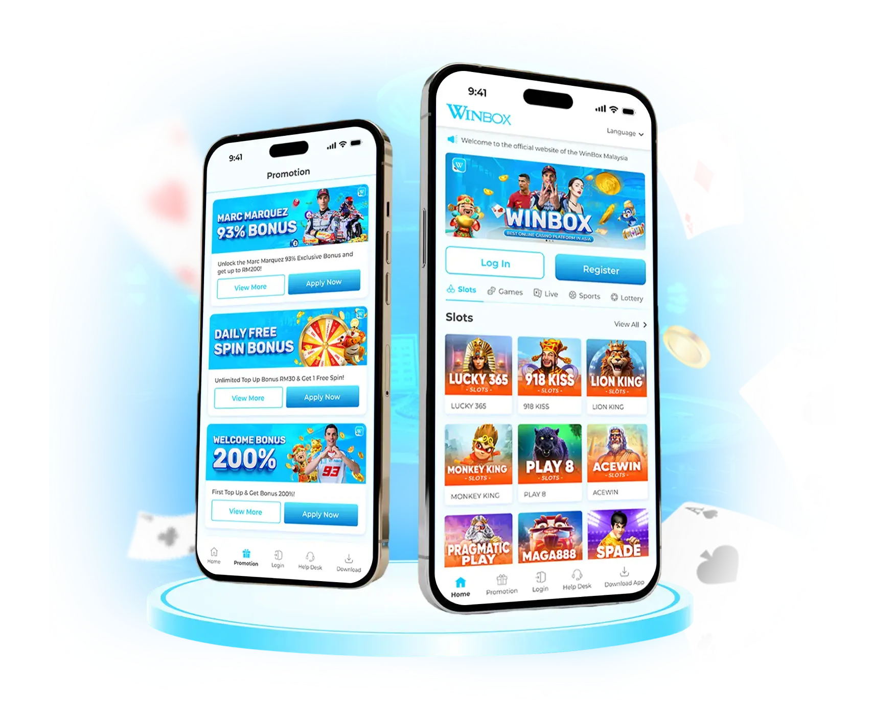 Skrin mudah alih Winbox menunjukkan halaman promosi dan laman utama di telefon