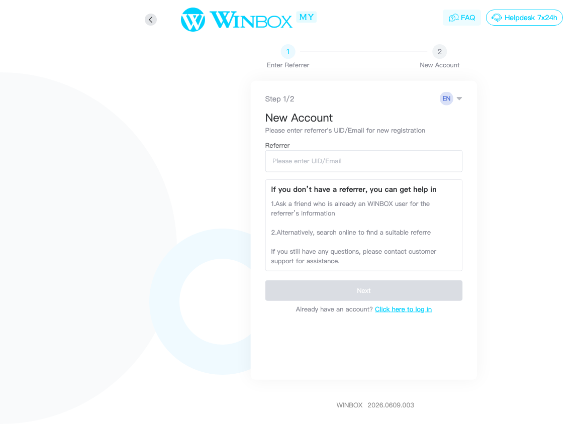Skrin Akaun Baharu Winbox Langkah 1 daripada 2 meminta UID atau e-mel perujuk