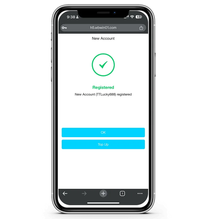 Registration success screen reading Registered, with the new account name and OK and Top Up buttons