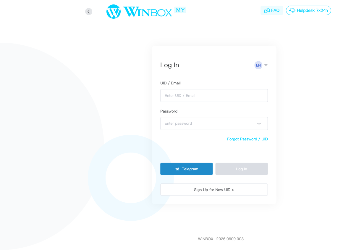 Winbox sign-in screen with UID/Email and Password fields, a Telegram button, a Log In button, and a Sign Up for New UID button